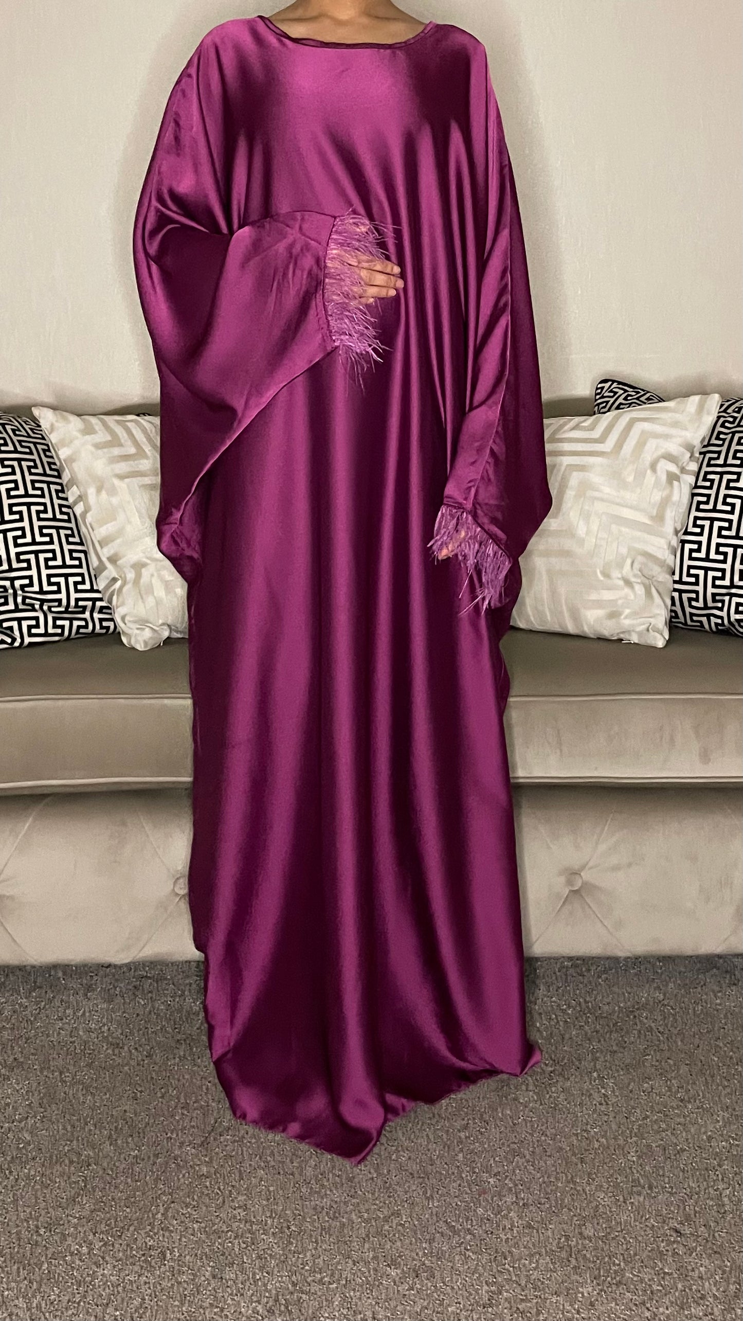 Sahar Feather Trim Satin Maxi Dress