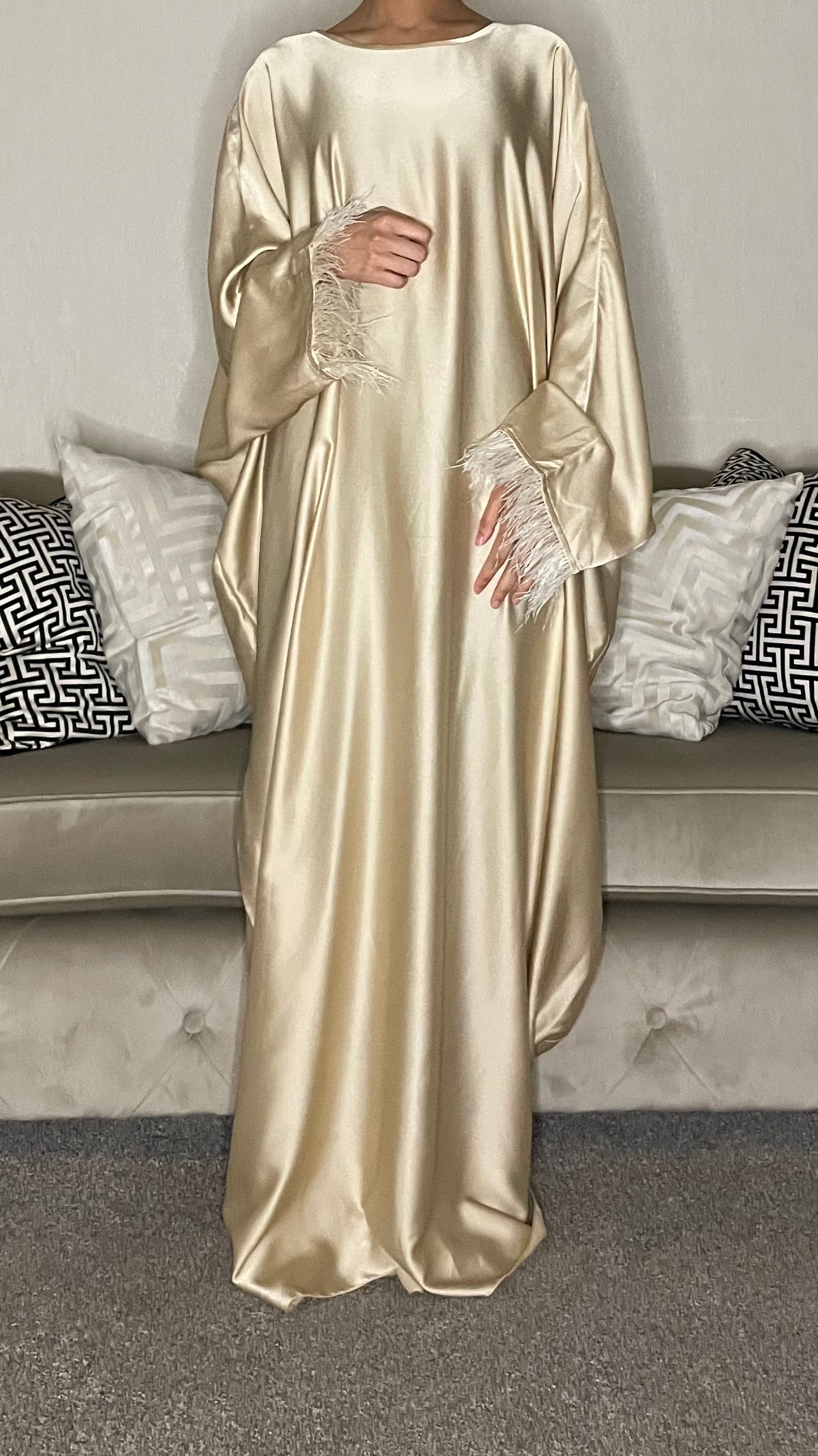 Sahar Feather Trim Satin Maxi Dress